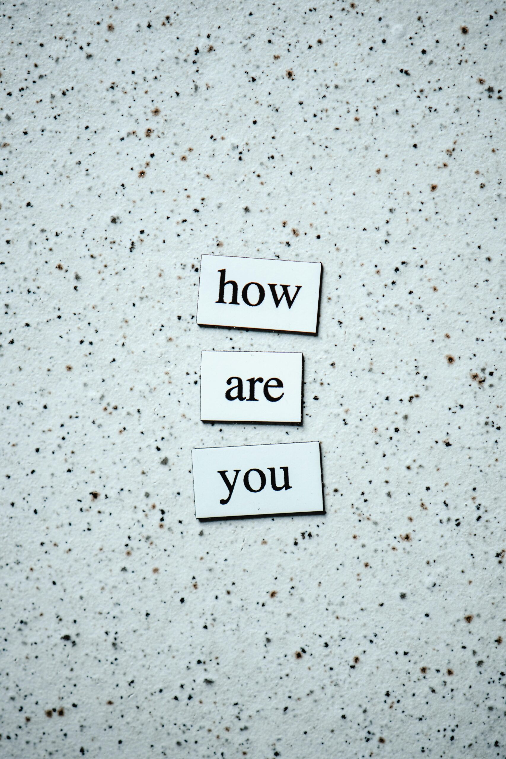 Minimalist monochrome image with text 'how are you' on a speckled surface.